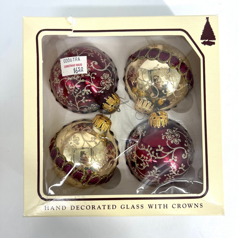 Vintage Christmas by Krebs Glass Ornaments Burgundy‎ Gold Set of 4 2.5"